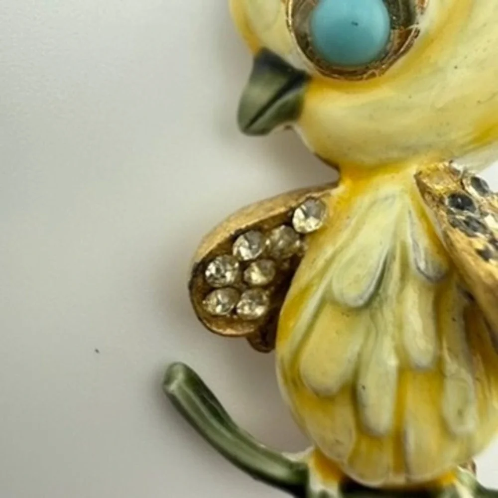 HAR Vintage Enamel Rhinestone Bird Brooch Turquoise Eye Yellow Chick Figural Pin